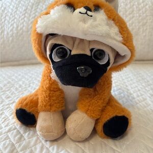 Adorable Plush Pug in Fox Hoodie - Orange & Cream